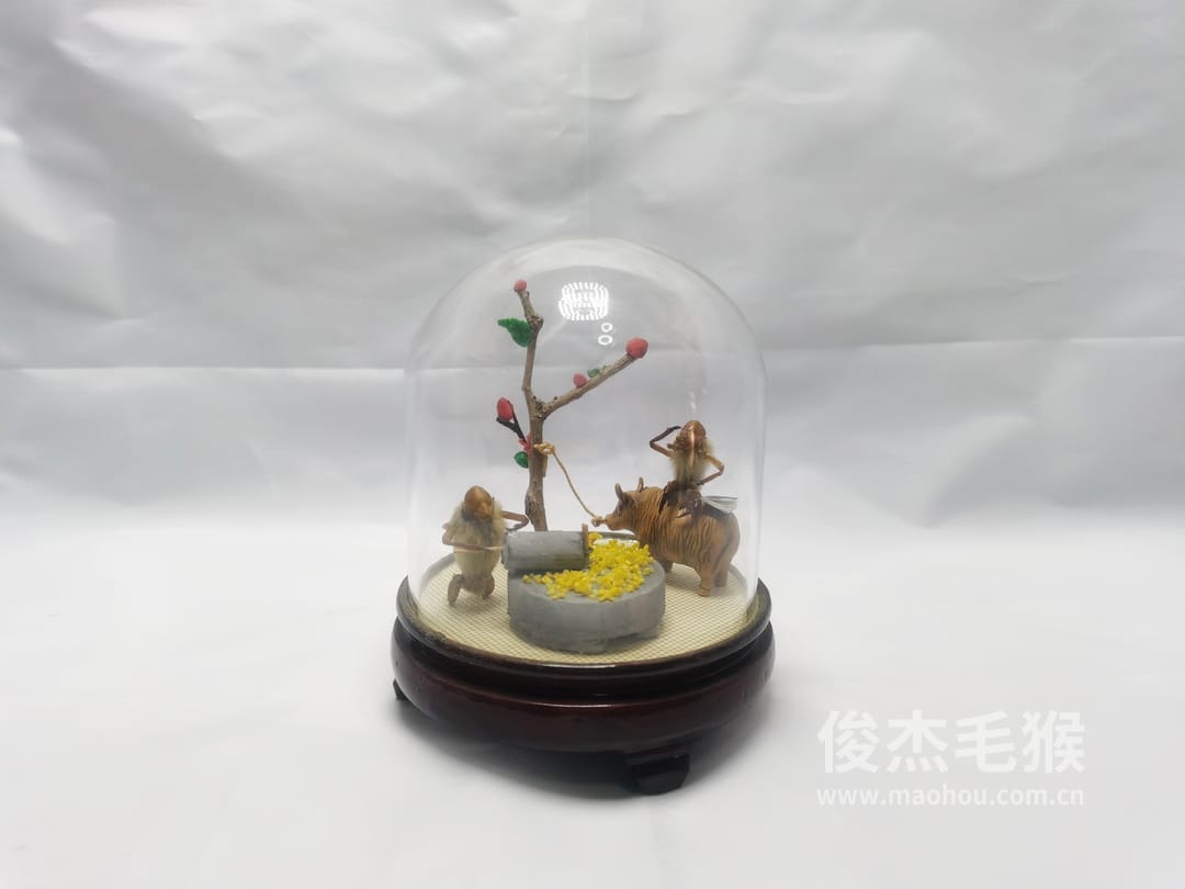 拉磨_小型北京毛猴作品_桦木底座+圆玻璃罩1.jpg 拉磨_小型北京毛猴作品_桦木底座+圆玻璃罩1.jpg